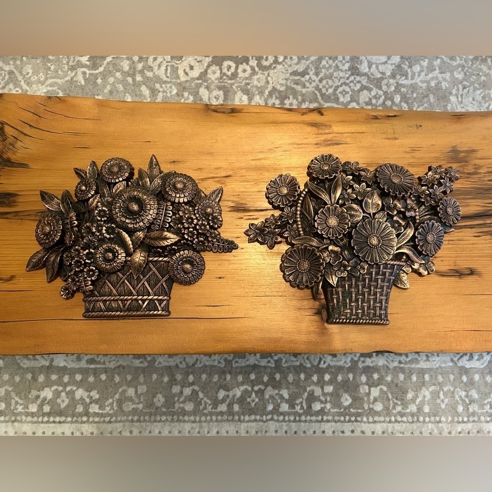 Vintage 60s Coppercraft set of two floral folk art inspired design wall hangings